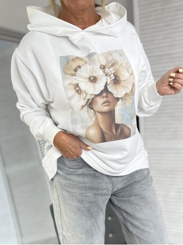 BLUZA OVERSIZE KWIATY KAPTUR EKRU