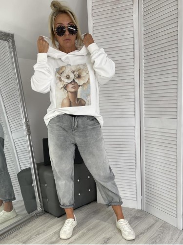 BLUZA OVERSIZE KWIATY KAPTUR EKRU