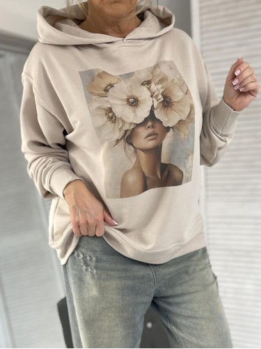 BLUZA OVERSIZE KWIATY KAPTUR BEIGE