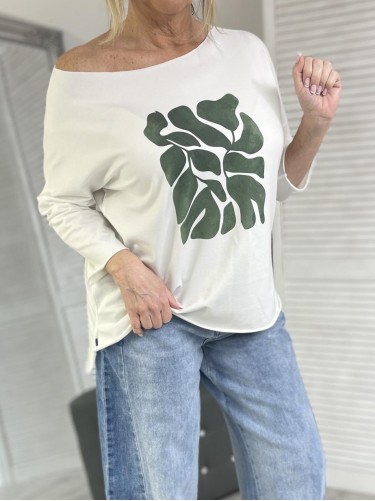BLUZKA LASER GREEN LEAVES EKRU
