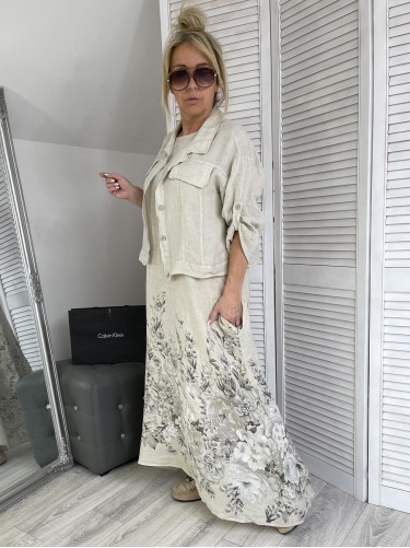 KOMPLET LEN SUKIENKA&KURTKA BEIGE